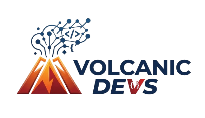Marca Volcanic Devs con volcán, código y circuitos